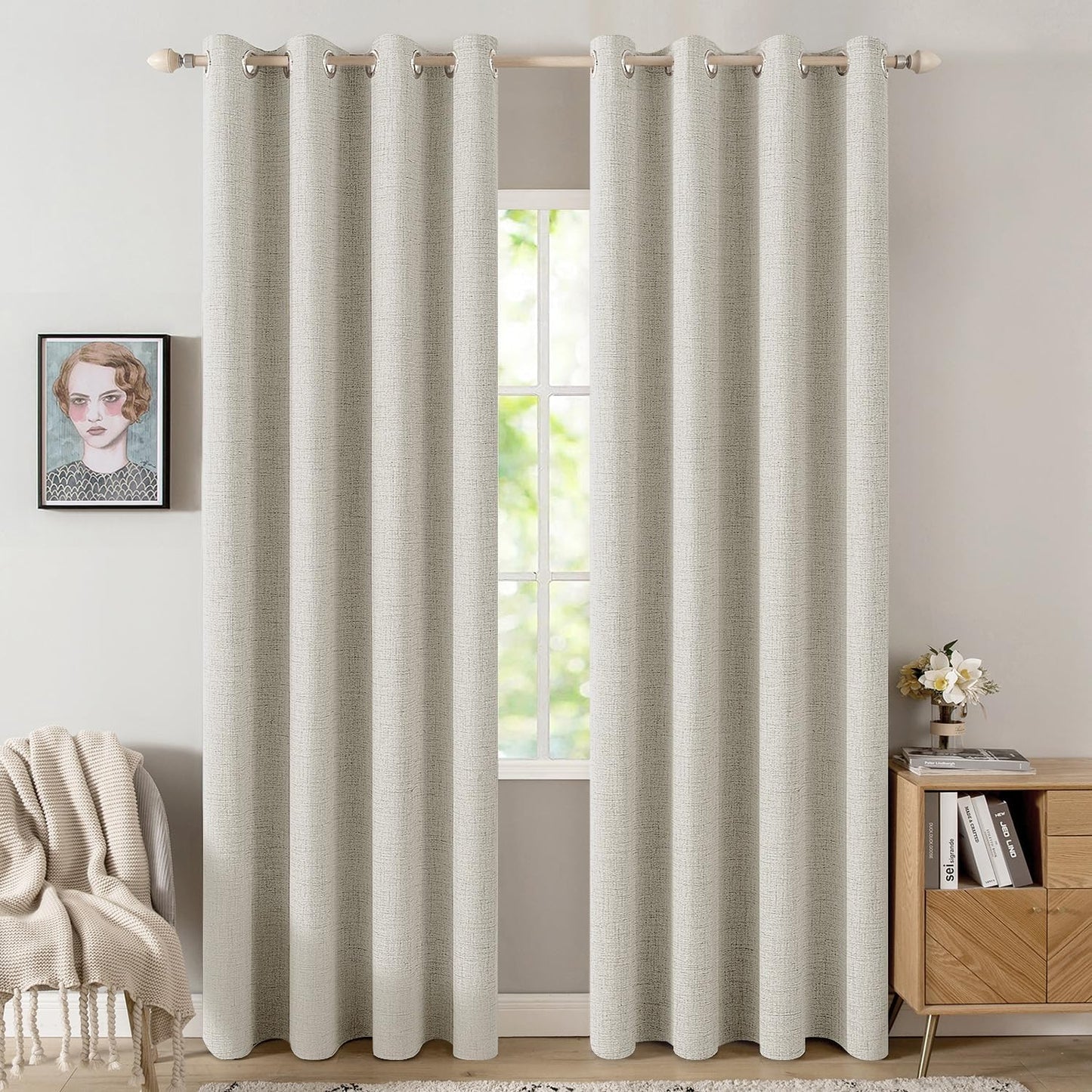 MIULEE Linen Texture Curtains - 100% Blackout Thermal Insulated Draperies | Light Cream, 52x96 Inch (2 Panels)