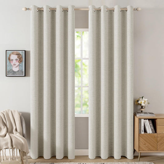 MIULEE Linen Texture Curtains - 100% Blackout Thermal Insulated Draperies | Light Cream, 52x96 Inch (2 Panels)