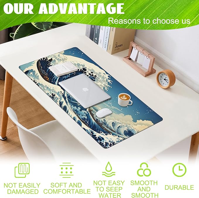 Eflxamz Desk Mat,Blue Japanese Sea Wave Desk Pad,Japanese Sea Wave Large Gaming Mouse Pad for Desk,Extended Big Computer Keyboard Mouse Pad with Non-Slip Base and Stitched Edge,35.4"x15.7"