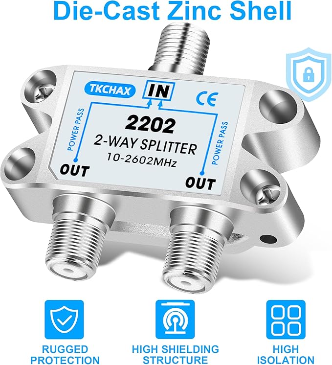 TKCHAX 2 Way Coaxial Cable Splitter,Support 10-2602MHz,RG6 RG59 Compatible,Work with MoCA2.5 and MoCA3.0,CATV, Satellite TV,Antenna,HDTV and Internet