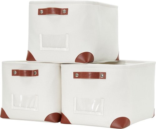 DECOMOMO White Storage Bins - Fabric Baskets for Shelves & Linen Closet Organization | Large 3-Pack with Label Holder
