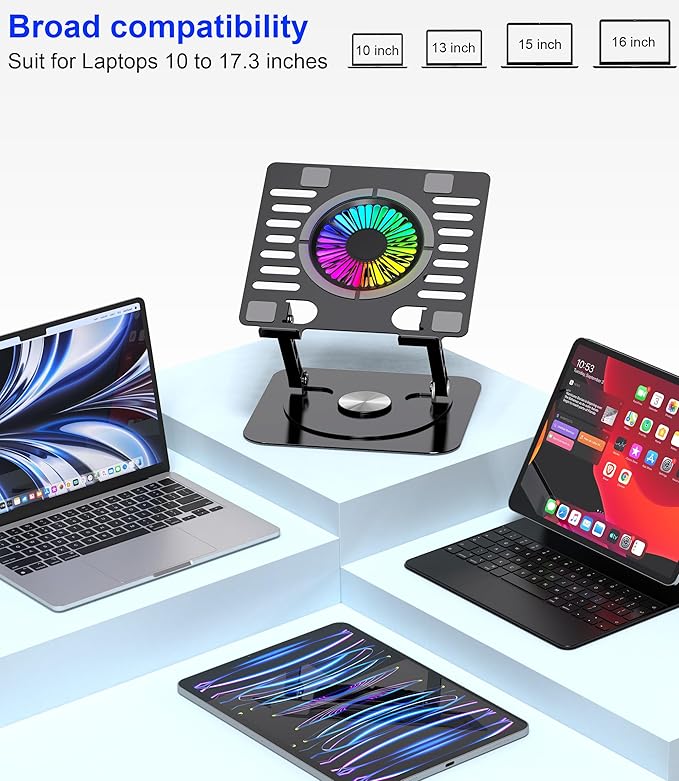 YTech Laptop Stand,with 360°Rotating Base,External Cooling Fan,Adjustable RGB Lighting,Ergonomic Foldable Notebook Computer Holder.Compatible with All 10-17" Laptops Tablets,Black