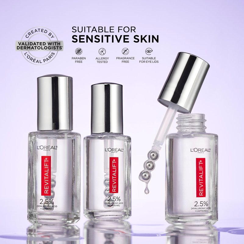 L'Oreal Paris Revitalift Hyaluronic Acid + Caffeine Hydrating Eye Serum for Dark Circles, Fragrance Free .67 fl. oz + Moisturizer Sample