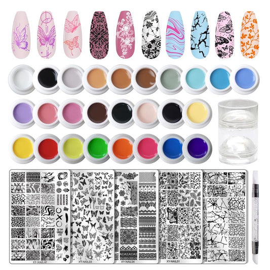RUNBBY Nail Art Stamping Kit - 26 Color Gels with 5 Stainless Steel Plates, Dual-Ended Silicone Stamper & Scraper - DIY Nail Design Set for Beginners and Pros