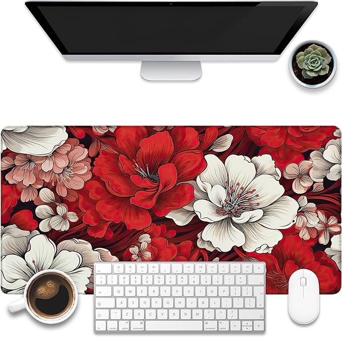 KOAIWPAE Desk Pad, Red and White Flowers Desk Mat, Retro Red Floral Large Gaming Mouse Pad, 31.5"x15.7" Extended Big Computer Keyboard Mouse Pad with Non-Slip Base and Stitched Edge
