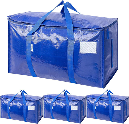 TICONN Extra Large Heavy-Duty Moving Bags - Durable Storage Solution with Zippers & Handles | 4 Pack, Blue