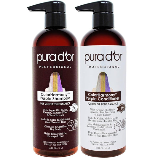 PURA D'OR Purple Shampoo & Conditioner Set - Biotin Formula for Bleached, Blonde & Silver Hair | 16oz Each