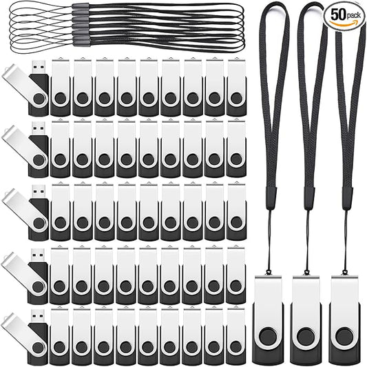 Aoriher 50 Pack USB 2.0 Flash Drives Bulk, Portable USB Thumb Drives with Lanyards, Swivel Flash Drives Thumb Drives for Office School Data Storage(Black,256mb)