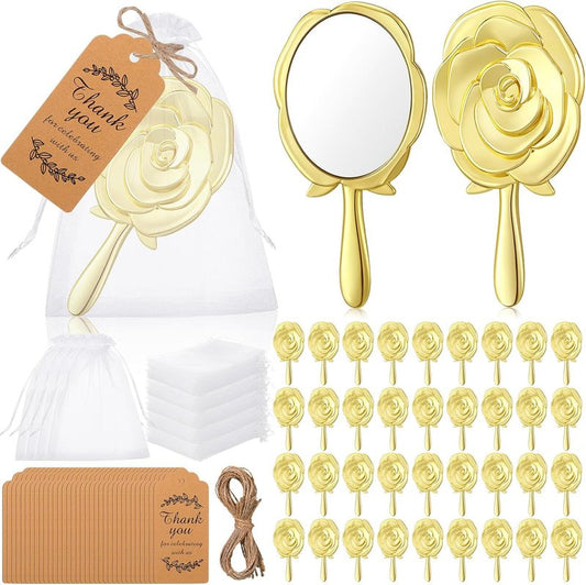 Vintage Handheld Mirror Set - 36 Mini Rose Compact Mirrors for Quinceanera Party Favors | Gold