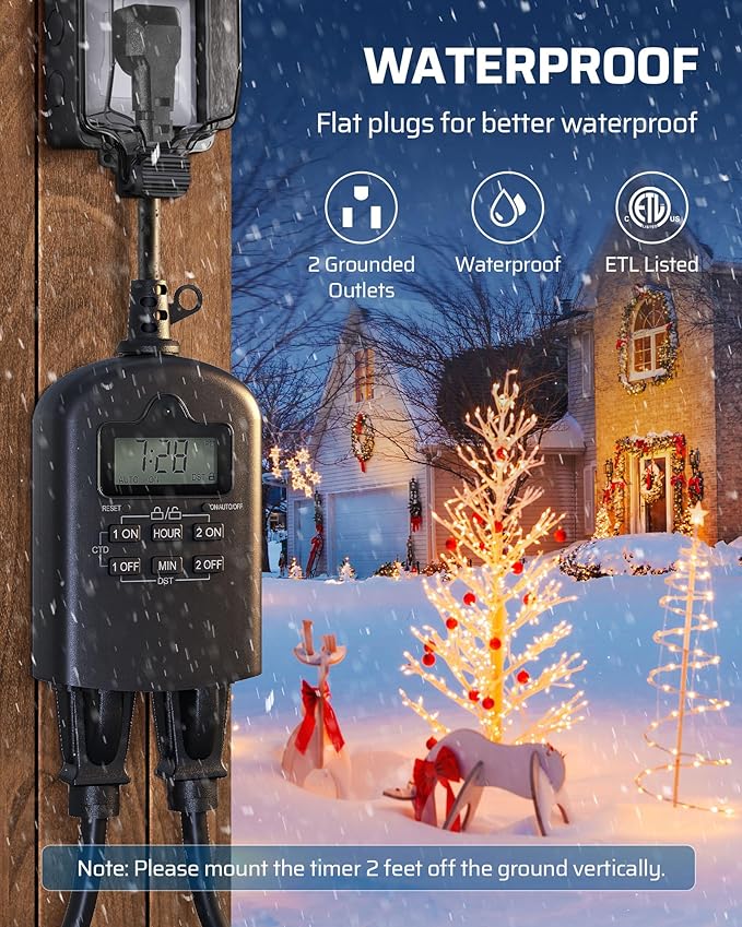 DEWENWILS Outdoor Timer Outlet Waterproof, Outdoor Digital Timer for Lights, Programmable with 2 Grounded Outlets, for Home and Garden, 15A, 1/2HP, Heavy Duty, ETL Listed