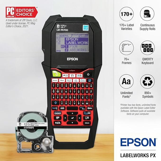 LABELWORKS Epson LW-PX700PCD Industrial Label Maker Kit - Complete Bundle with Accessories, Compatible with Large Variety of Tape Types, Portable Handheld Label Printer, Labels