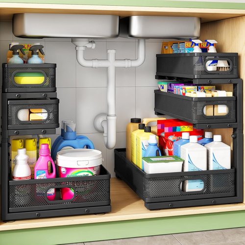 Kitstorack Under Sink Organizer - 2-Pack Adjustable Metal Cabinet Shelf | Slide-Out Storage for Bathroom & Kitchen