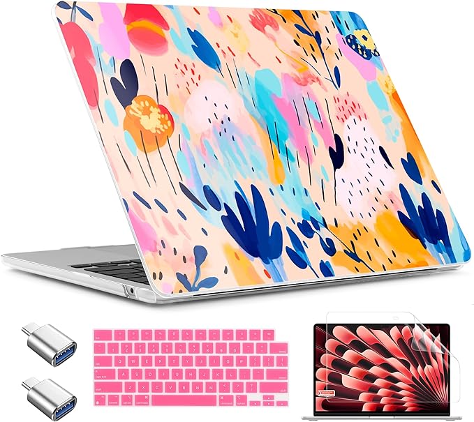 TWOLSKOO for MacBook Air 13 inch Case M5 2026 M4 2025 M3 M2 2024-2022 A3449 A3240 A3113 A2681, Plastic Hard Shell & Keyboard Cover & Type C for MacBook Air 13.6 inch Case, Bright Abstract Florals