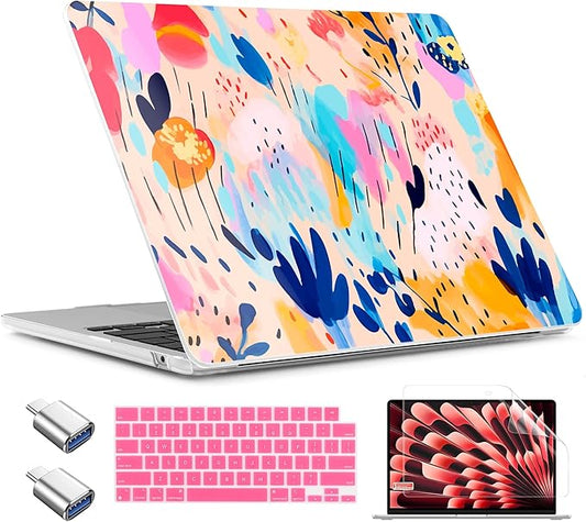 TWOLSKOO for MacBook Air 15 inch Case 2025 2024 2023 Release M4 A3241 M3 A3114 M2 A2941, Plastic Hard Shell & Screen Protector & Keyboard Cover &Type C Adapter, Bright Abstract Floral