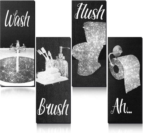 Chinco Funny Bathroom Wall Art | 4-Piece Modern Decor Set | Glam Wood Hanging Decorations (Black & White)