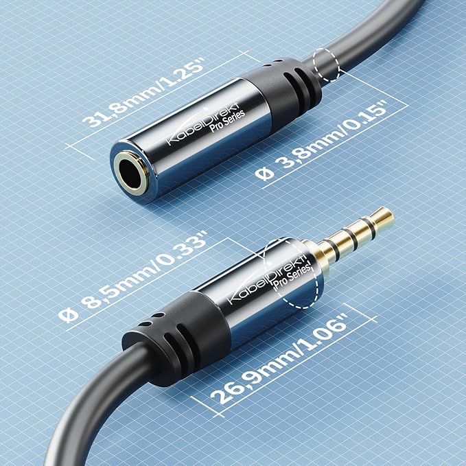 KabelDirekt – Headset Extension Cable – 20ft – Headphone Extension Cord with Break-Proof Metal Plug for Gaming Headsets & Headphones with Microphone, TRRS, 4-Pole, 3.5mm Male to Female