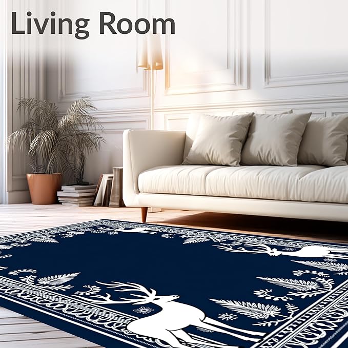 Flatwoven High Traffic Area Rug 4x6, Enchanted Forest December Shower Curtain Full Restroom Kit, Non Slip, Stain Resistant, Washable Area Rugs for Living Room, Bedroom (Blue, 4x6)