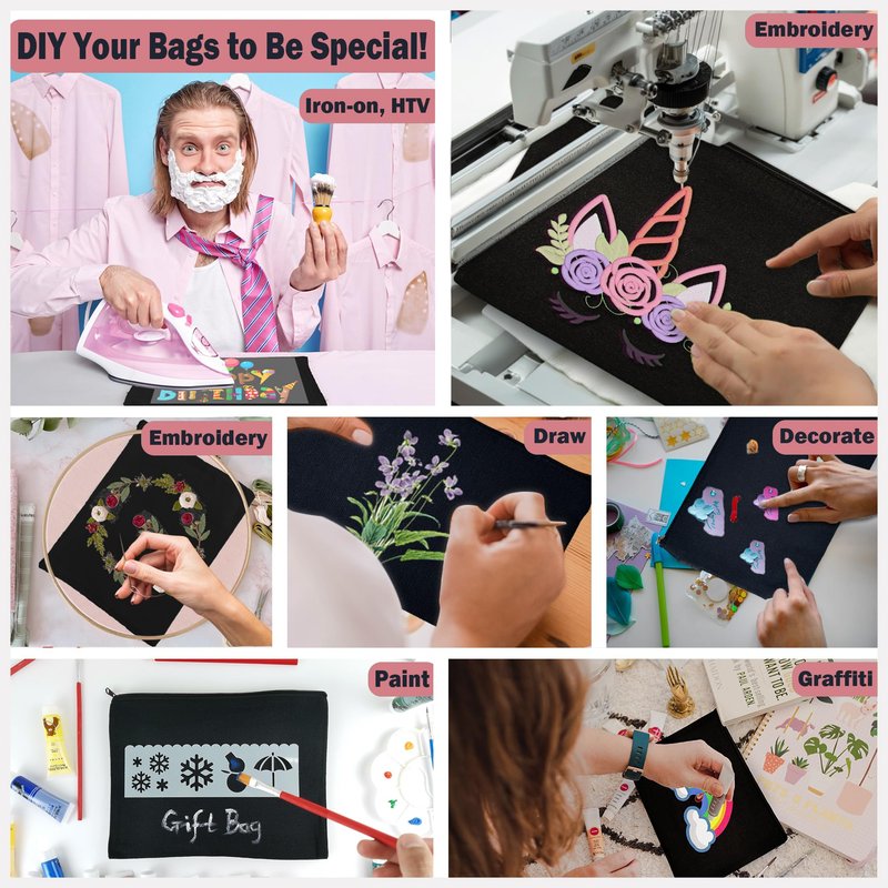 Koolmox 20 Pieces Bulk 9x7 Large Black Canvas Makeup Bags, DIY Canvas Pouch Cosmetic Pouches with Zipper for Gifts Craft Sublimation Heat Transfer Painting Patches Embroidery Travel Storage