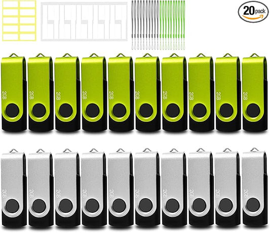 Nicepicten Thumb Drive 2GB USB Flash Drives 20 Pack 2 GB USB 2.0 Jump Drives Multipack Flash Memory Stick Zip Drive Pendrive 20Pack with 20PCS Lanyards Label (Green Sliver 2Gig)