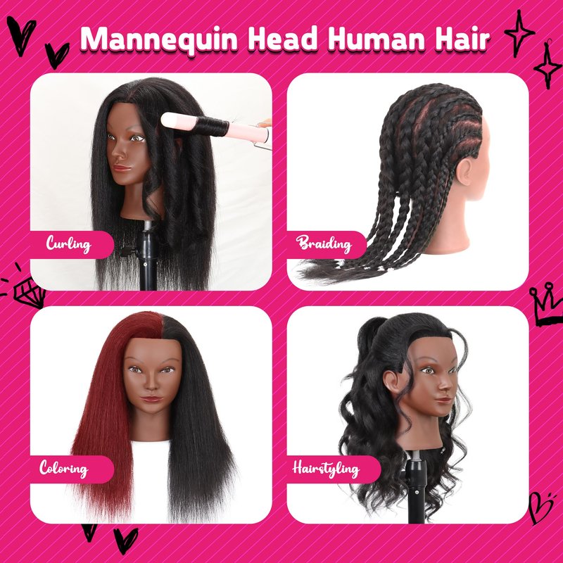 Mannequin Head with Human Hair 16" Cosmetology Manikin Doll Head 100% Real Human Hair for Styling Hairdresser Practice Braiding with Tripod Set