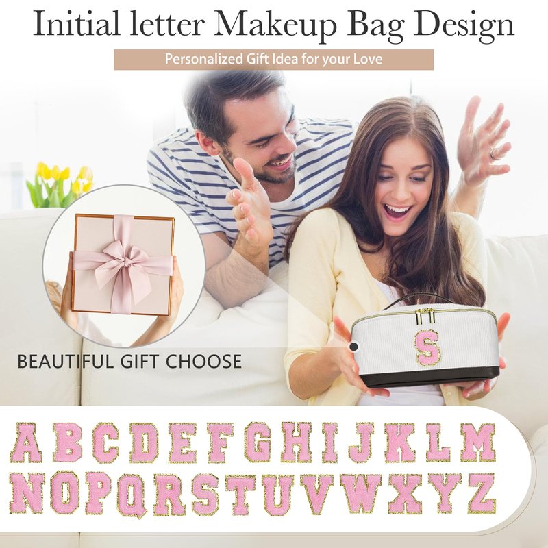 2pack Personalized Initial Travel Makeup Bag,Leather Waterproof Large Capacity Cosmetic Bags,Monogram Open Flat Toiletry Bag Make up Organizer Perfect for Women,Teen Girls,Birthday Gifts(Black M)