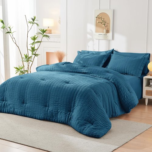 HYMOKEGE Teal California King Comforter Set Seersucker 7 Pieces, All Season Luxury Bed in a Bag for Bedroom, Bedding Set with Comforters, Sheets, Pillowcases & Shams
