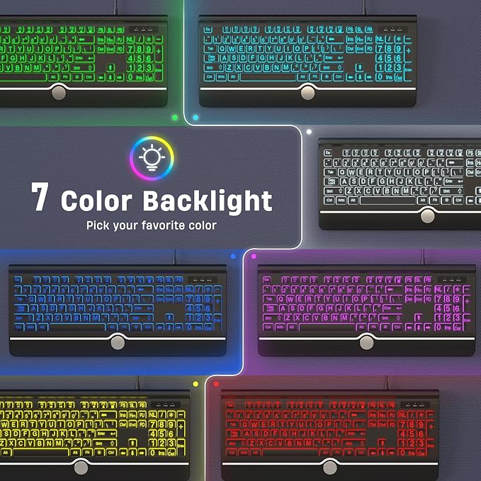 KOPJIPPOM USB Wired Keyboard with Large Print Backlit Keys, 7 Color LED Backlight, Ergonomic Wrist Rest, Spill-Resistant Design, Full-Size Computer Keyboard with Number Pad for PC Desktop Laptop