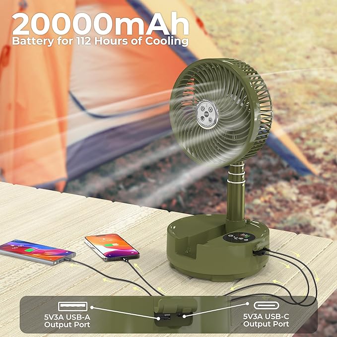 Portable Travel Fan, Foldable Standing Fan for Bedroom, 112H Run & 9 Speeds, Rechargeable Fan With Timer & Remote, Collapsible Oscillating Fan for Travel Cruise Essential Home RV Outdoor Power Outage