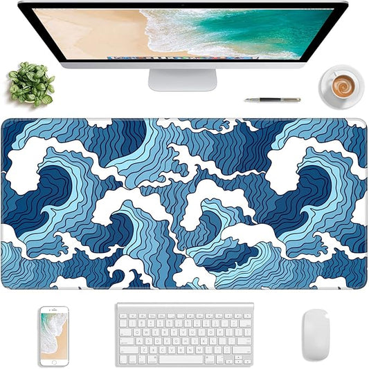 Atufsuat Extended Gaming Mouse Pad, Japanese Blue White Wave Mousepad, XL Large Mouse Mat Desk Pad 30 x 14 Inch, Waterproof Anime Mouse Pad with Stitched Edges and Non-Slip Base for Office Gaming
