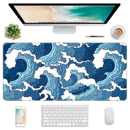Atufsuat Extended Gaming Mouse Pad, Japanese Blue White Wave Mousepad, XL Large Mouse Mat Desk Pad 30 x 14 Inch, Waterproof Anime Mouse Pad with Stitched Edges and Non-Slip Base for Office Gaming