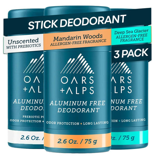 Oars + Alps Aluminum Free Deodorant for Men | Long Lasting Odor Protection, Clear & Free of White Residue, Anti-Chafing Smooth Glide, Dermatologist Tested, Allergen-Free Variety Pack, 3pk, 2.6oz