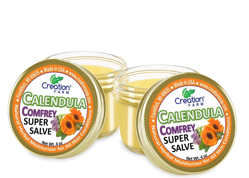 Calendula Comfrey Super Salve by Creation Farm, Herbal Balm, Moisturizer, and Ointment with No Gluten, Soy, GMO or Parabens, Made in USA Comforts many issues.