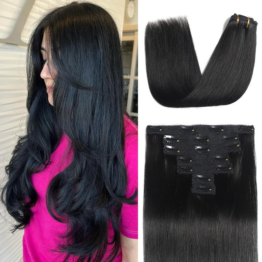 Mocona Clip in Hair Extensions Real Human Hair, Natural Black–18 Inch 7pcs 70g/Pack, Soft Remy Human Hair Clip in Extensions Straight for Women, Capable for all Occasions (#1B 18 Inch)