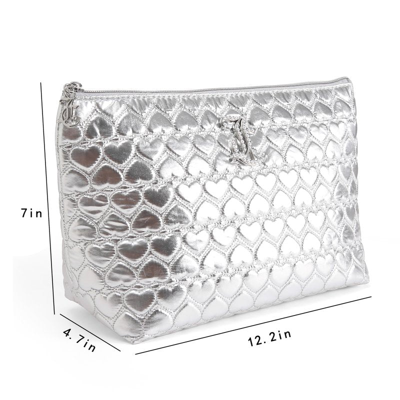 Juicy Couture Silver Makeup Bag Cosmetics Organizer Travel Essentials Top Zip Pouch Shiny Quilted Heart