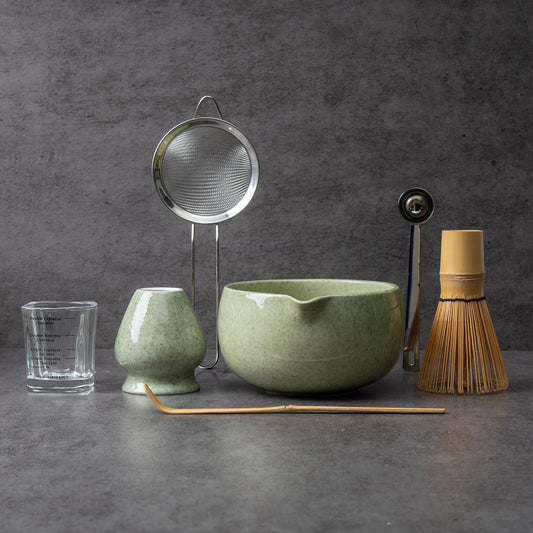 YIBO Matcha Whisk Set - Complete Ceramic Matcha Making Kit with Bamboo Whisk & Accessories | Mottled Green