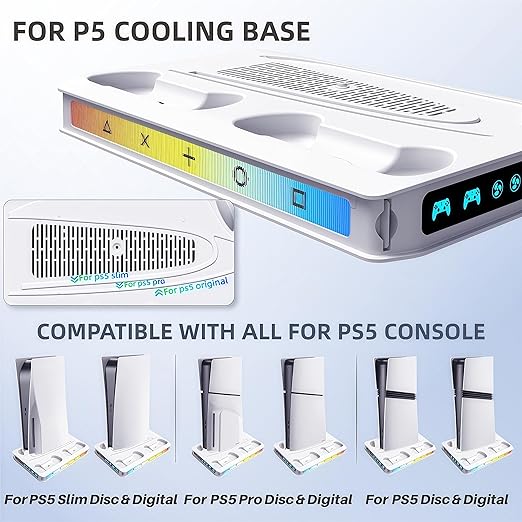 ZYTHRONE PS5/ Slim/Pro Cooling station with Fast Contoller Charger for PlayStation 5 Disc & Digital Console Stand, RGB Light, Quiet Cooling Fan, Headset Holder