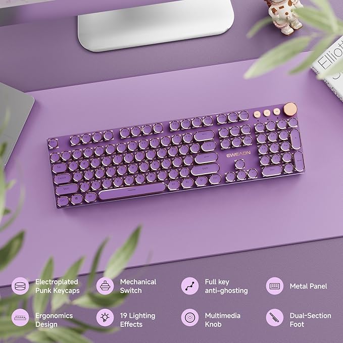 EWEADN Wired Typewriter Mechanical Keyboard, Low Noise Pink Switch Retro Punk Keyboard with Media Knob, White Backlit, Metal Panel, 104-Key Round Keycaps Cute Keyboard for Windows PC -Purple