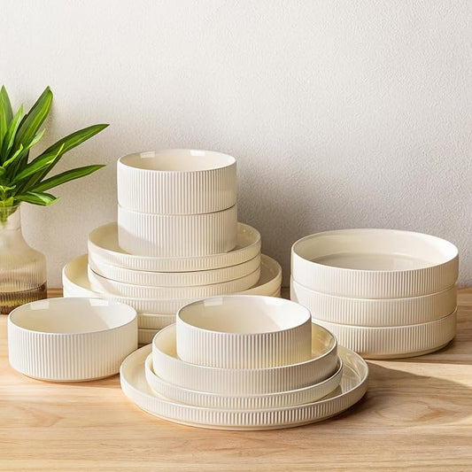 TheTerra Ceramic Dinnerware Sets with Pasta Bowls for 4, 16 Pieces Porcelain Lightweight Speckled Plates and Bowls Sets, Scratch Resistant Dish Set, Oven & Microwave & Dishwasher Safe, Beige