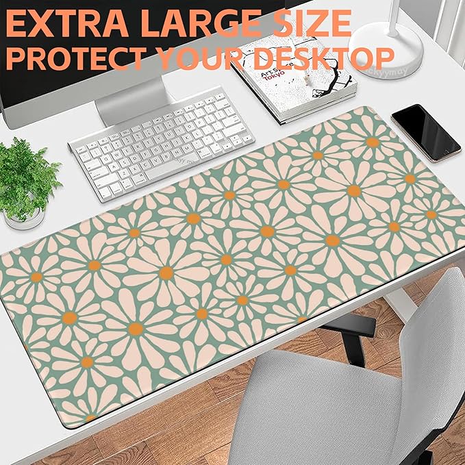 NIYLYNSYN Mouse Pad Large Boho with Daisy Flowers Non-Slip Gaming Desk Mat with Stitched Edge Laptop Keyboard Desk Pad for Work Home Gaming (35.4 x 15.7 Inches)