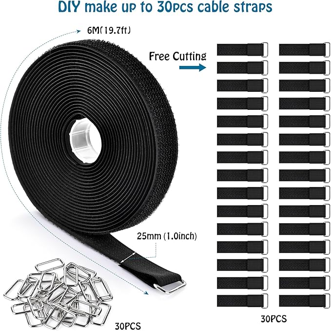 Nettbe 1"x19.7ft Hook and Loop Straps with 30 Buckles Adjustable Cut-to-Length Cable Ties - Reusable Nylon Fastening Tape Cable Straps for Storage or Organization (1in x 19.7ft)