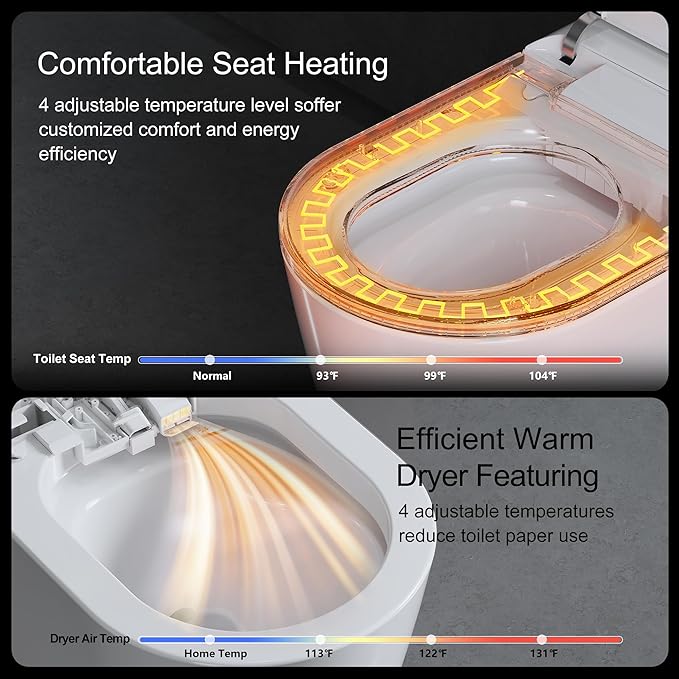 Smart Toilet with Auto Open/Close Lid for bedroom Heated Seat with Remote Control,Hidden Foam Shield, Multiple Cleaning Modes, Ambient Lighting,Soft Flush Feature Warm Water & Dryer