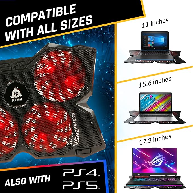 KLIM Wind Laptop Cooling Pad - Support 11 to 17 Inch Laptops, PS4-4 Fans - Light, Quiet, Powerful Cooling - Gamer USB Slim Portable Laptop Stand - NEW 2021 Version - Black