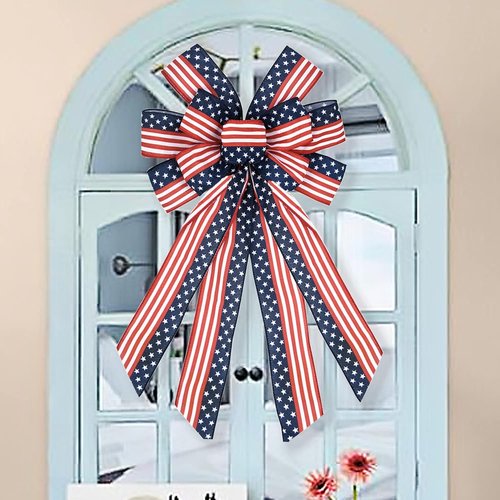 Large Patriotic Bow Wreath by [Brand Name] - 4th of July Decor with American Flag Design | Red & Blue Stars, 11.4x20.8''