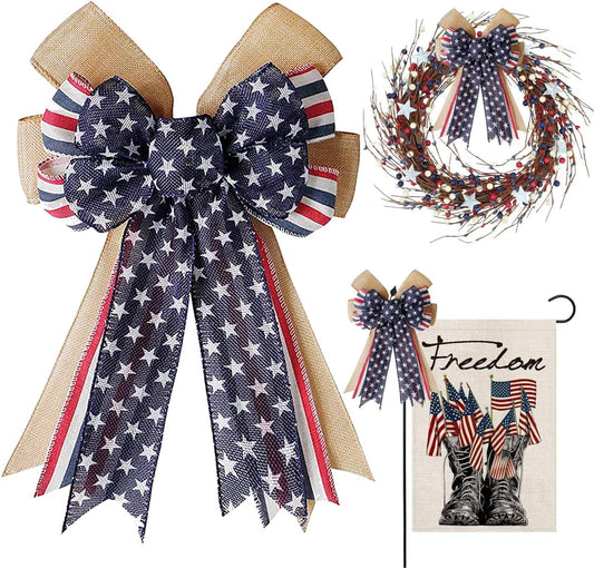 Patriotic Decor Bows | Burlap Red, White & Blue Stripe Stars Tree Topper Bow for 4th of July