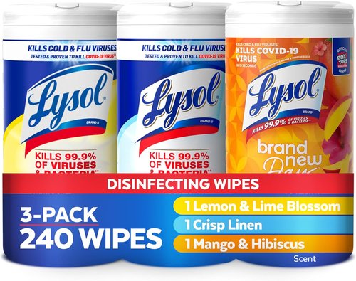 Lysol Disinfectant Wipes Bundle - Multi-Surface Cleaning Wipes in Lemon & Lime Blossom, Crisp Linen, Mango & Hibiscus | 3 Packs of 80 ct