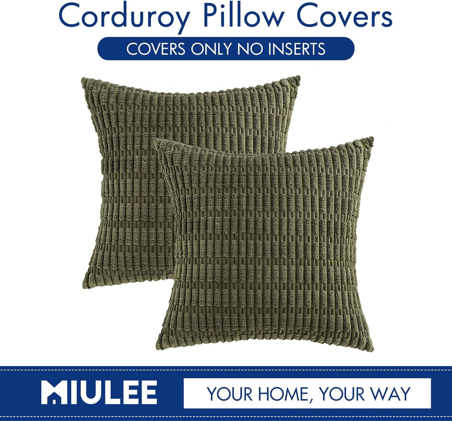 MIULEE Euro Sham Pillow Covers - Soft Boho Striped Corduroy | Pack of 2, 24x24 Inch, Olive Green