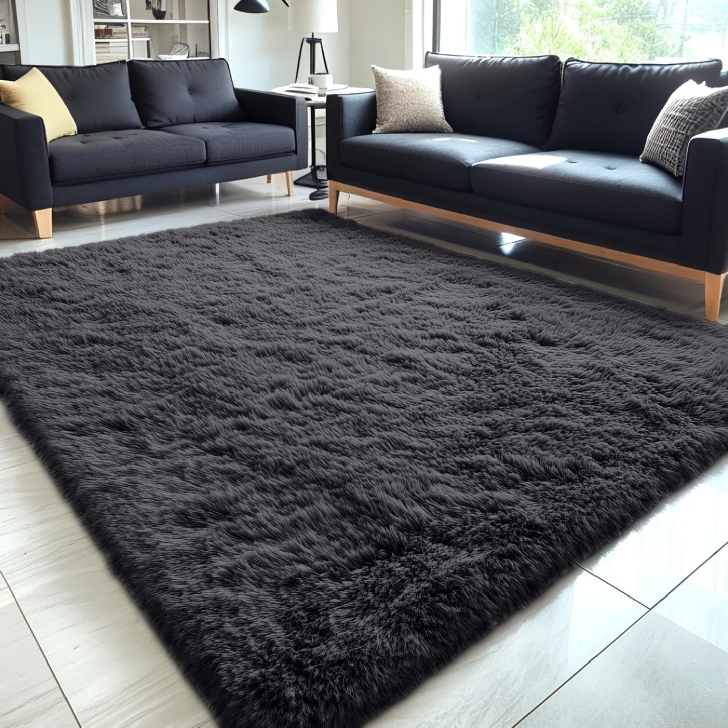 OLANLY Large Area Rug - Soft Fluffy Shaggy Carpet for Living Room & Bedroom | Machine Washable, Black