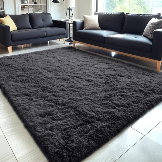 OLANLY Large Area Rug - Soft Fluffy Shaggy Carpet for Living Room & Bedroom | Machine Washable, Black