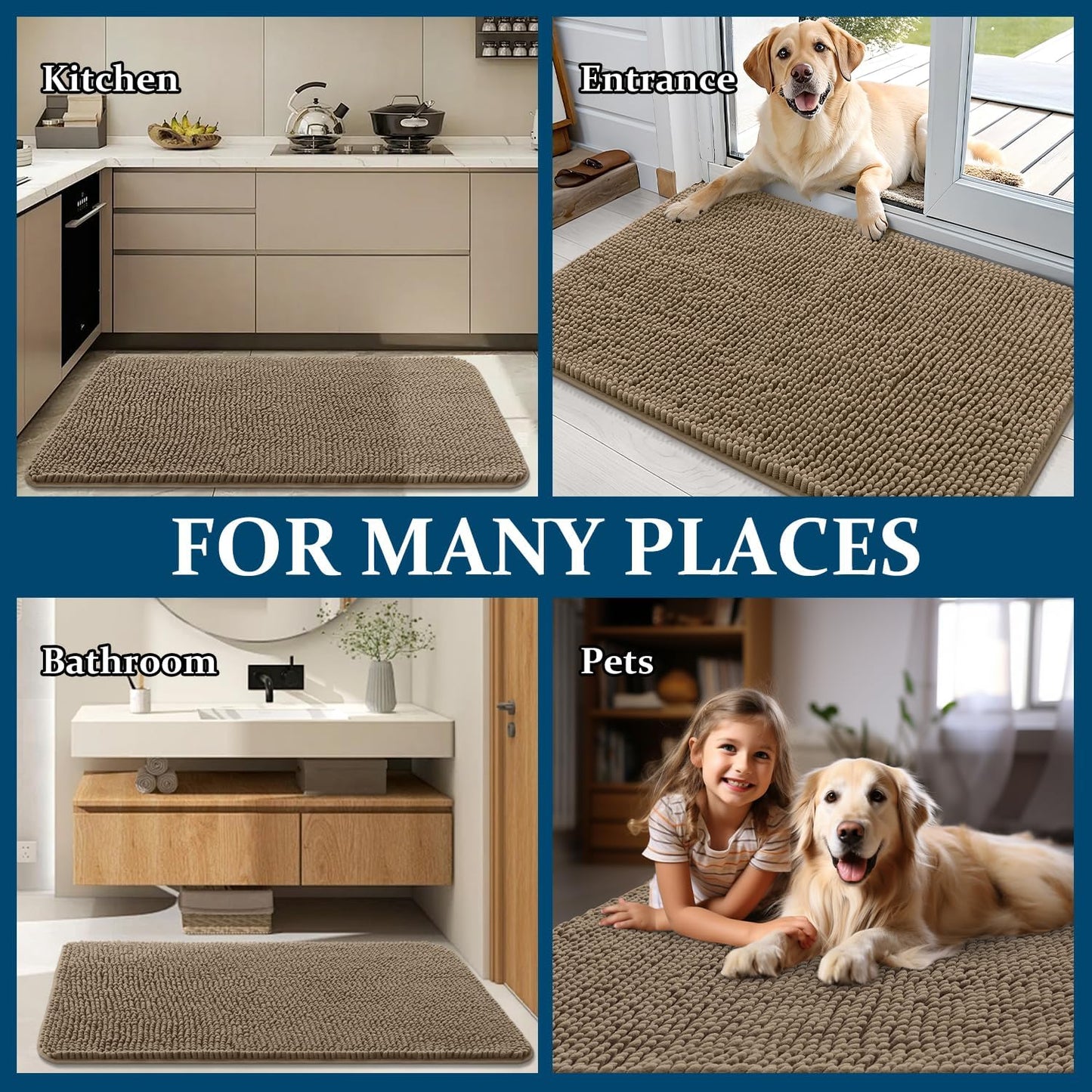 OLANLY Dog Door Mat - Absorbent Non-Slip Chenille for Muddy Paws | 40x24 Tan Indoor Entryway Carpet