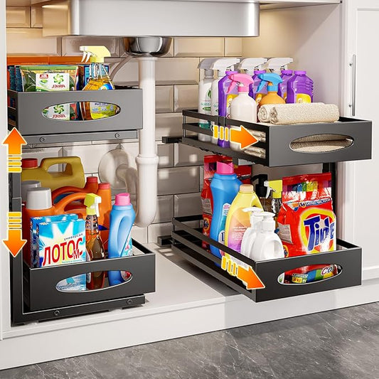 Under Sink Organizer, 2 Tier Under Sink Organizers and Storage, Adjustable Height, Slide out Metal Cabinet Organizers, Pull out Cabinet Storage Drawer Shelf for Kitchen Bathroom Black 2Pack